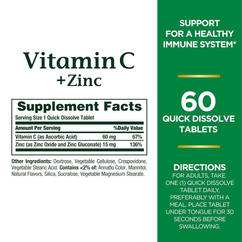 Natures Bounty Vitamin C + Zinc Quick Dissolve 60 Tablets