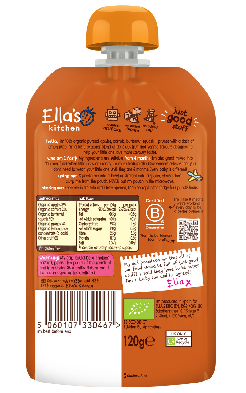 Ellas Kitchen Organic Puree 4+ Months Butternut Squash Carrots Apples + Prunes 120g