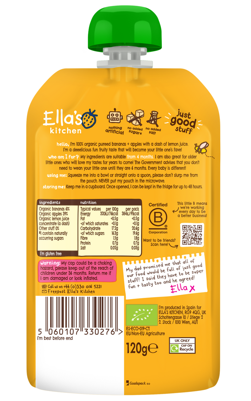 Ellas Kitchen Organic Puree 4+ Months Organic Puree Apples + Bananas 120g