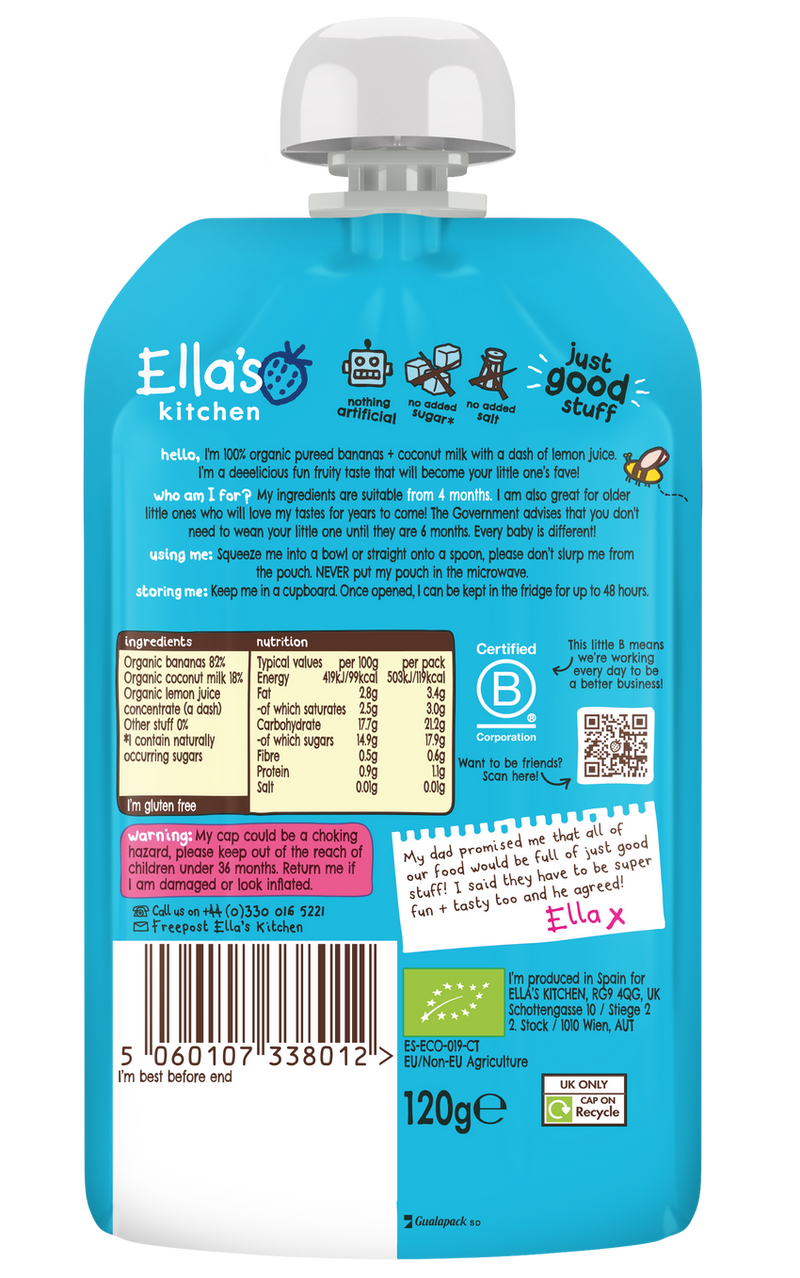 Ellas Kitchen Organic Puree 4+ Months Bananas + Coconut 120g