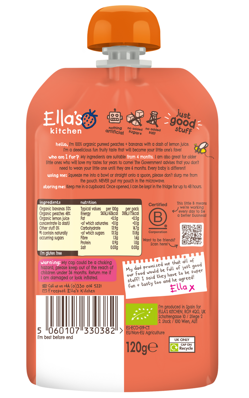 Ellas Kitchen Organic Puree 4+ Months Organic Puree Peaches + Bananas 120g