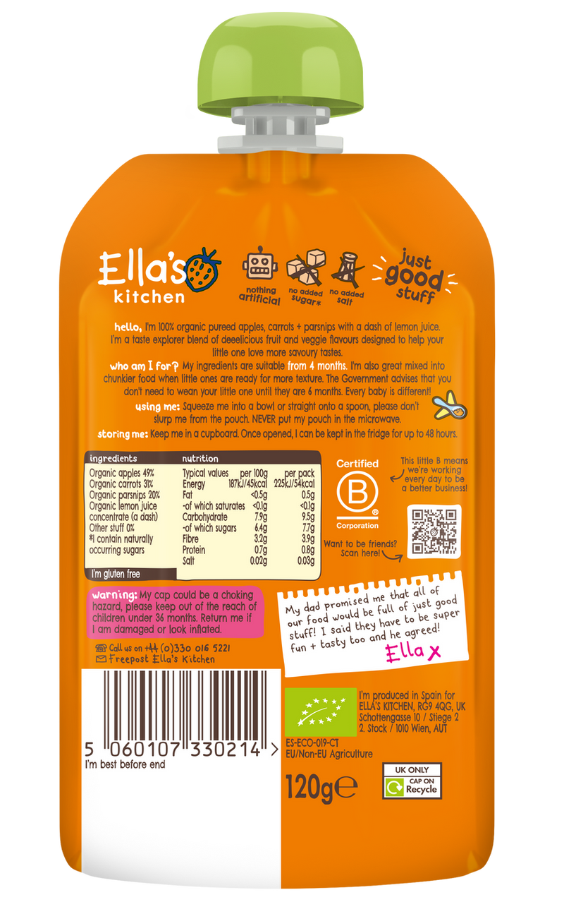 Ellas Kitchen Organic Puree 4+ Months Carrots Apples + Parsnip 120g