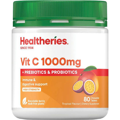 Healtheries Vit C 1,000mg Plus Prebiotics & Probiotics 80 Chewable Tablets