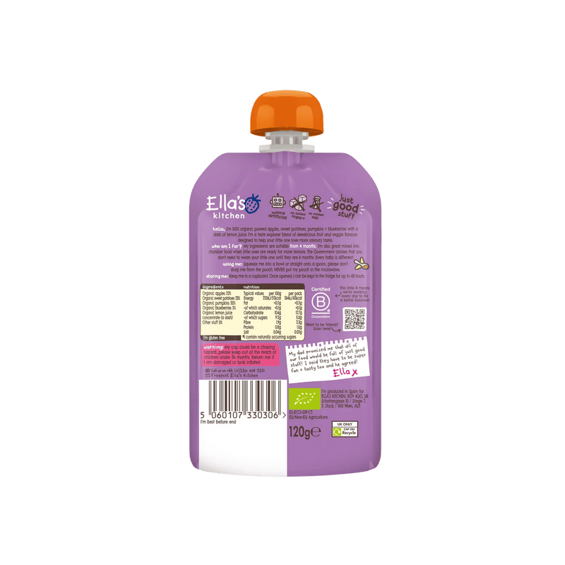 Ellas Kitchen Organic Puree 4+ Months Sweet Potato Pumpkin Apples + Blueberries 120g