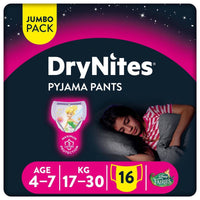 Huggies Drynites Pyjama Pants Jumbo Pack 4-7 Years (17-30 kg) Girl 16 Pieces