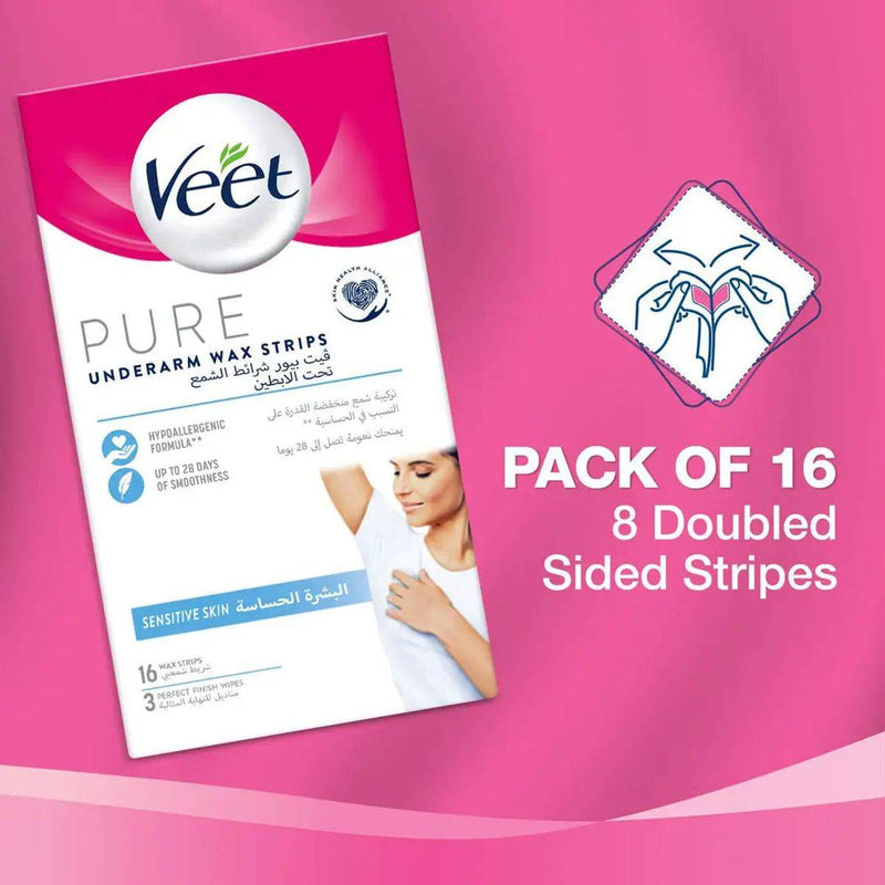 Veet Wax Strips Pure Underarm Wax For Sensitive Skin 16 Strips
