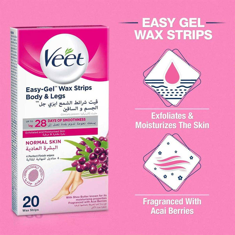 Veet Wax Strips Easy Gel Legs & Body For Normal Skin 20 Strips