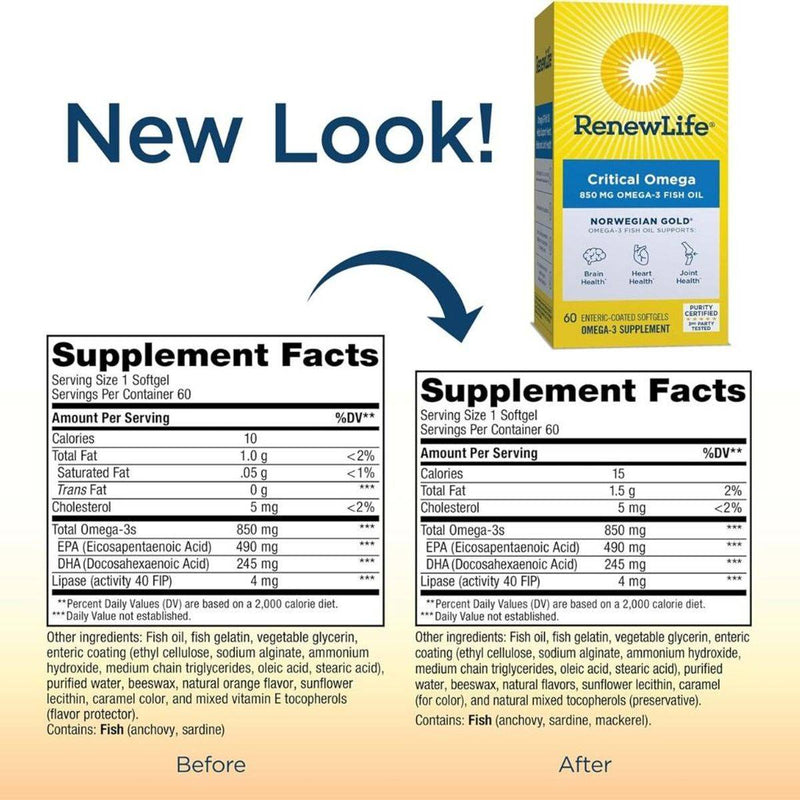 Renew Life Norwegian Gold Omega-3 Fish Oil Critical Omega 60 Softgels