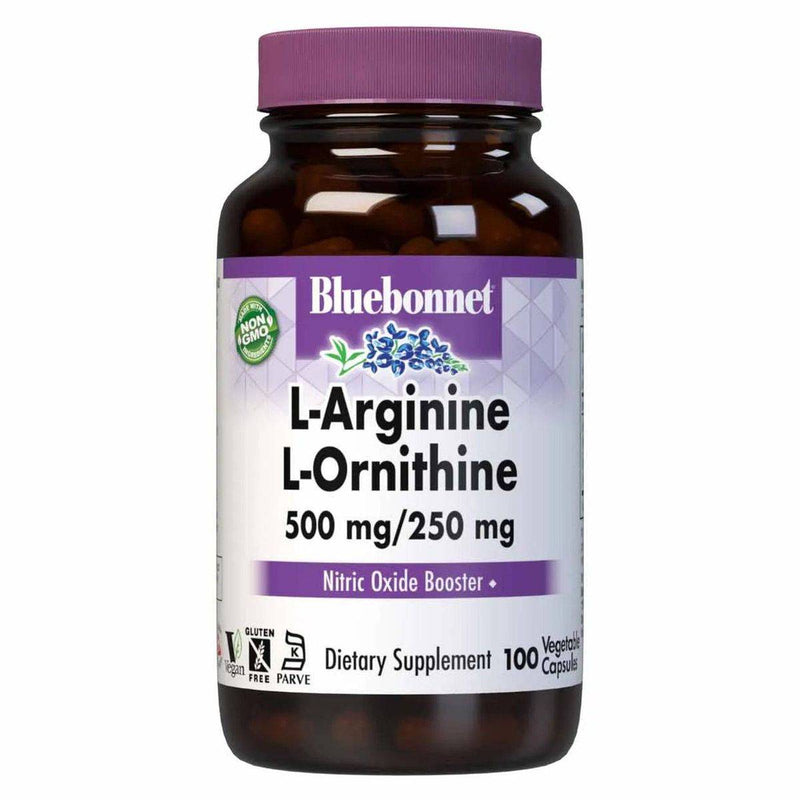 Bluebonnet L-Arginine 500mg + L-Ornithine 250mg 100 Vegetable Capsules