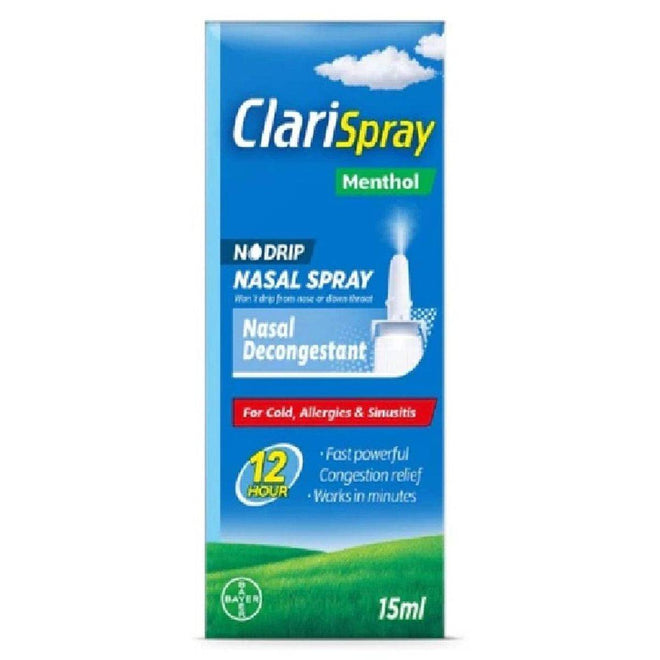ClariSpray Menthol 12 Hour No Drip Nasal Decongestant Spray 15ml
