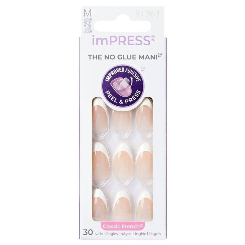 Kiss False Nails IFC03C Impress The No Glue Mani Everlasting Classic French Medium 30 Count