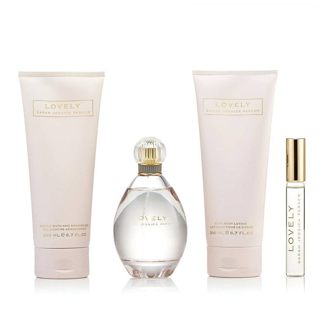 سارة جيسيكا باركر لوفلي (نسائي) طقم عطر 100 مل + عطر 15 مل + لوشن ناعم للجسم 200 مل + جل استحمام لطيف 200 مل