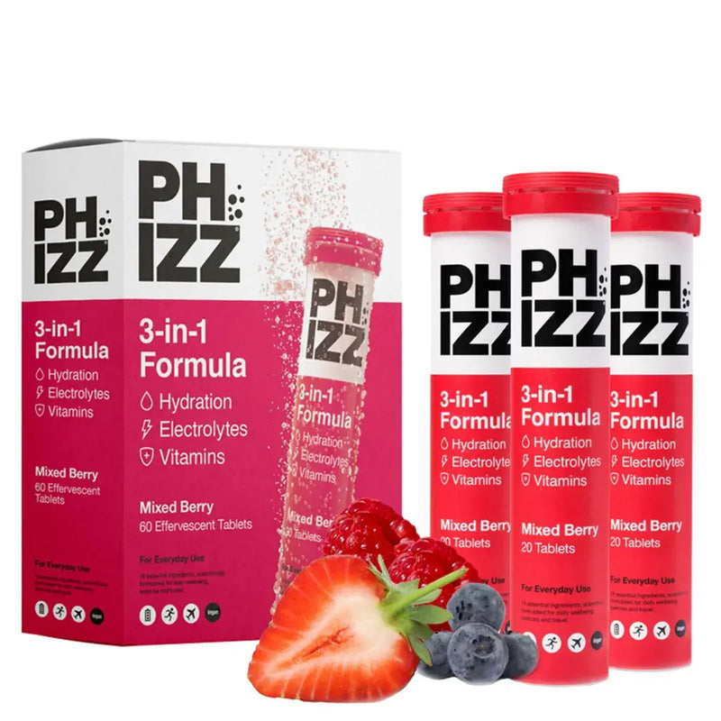 Phizz Daily 3-In-1 Hydration Electrolytes & Vitamins 20 Effervescent Tablets Mixed Berry
