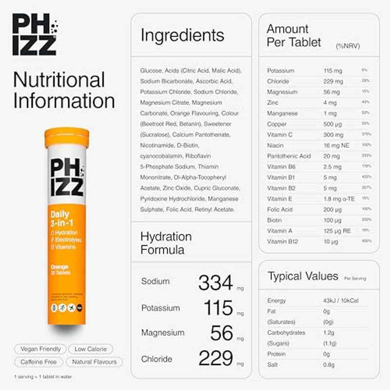 Phizz Daily 3-In-1 Hydration Electrolytes & Vitamins 20 Effervescent Tablets Orange