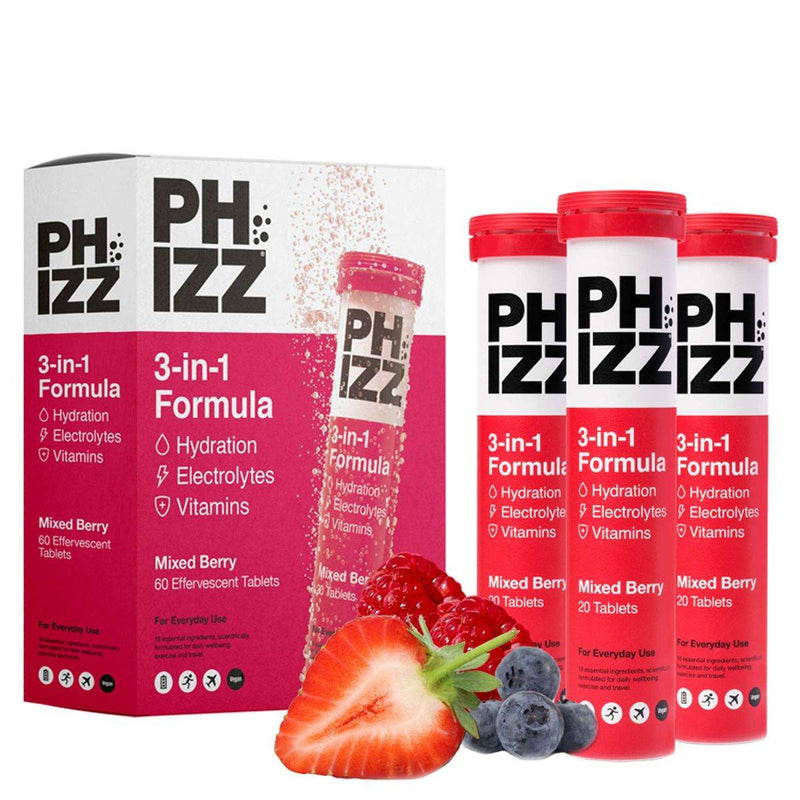 Phizz Daily 3-In-1 Hydration Electrolytes & Vitamins 20 Effervescent Tablets Mixed Berry