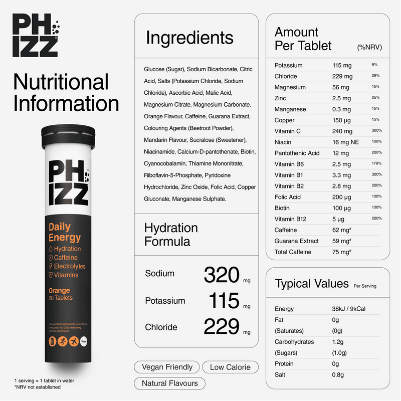 Phizz Daily Energy Caffeine Hydration Electrolytes & Vitamins 20 Effervescent Tablets Orange
