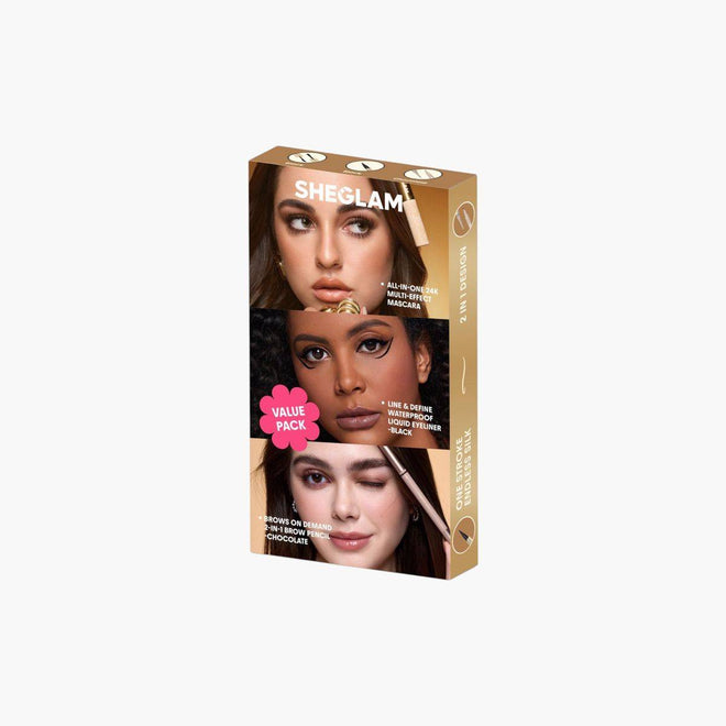 Sheglam Brows On Demand 2In1 Brow Pencil Chocolate + All In One 24K Multi Effect Mascara + Line & Define Liquid Eyeliner Black