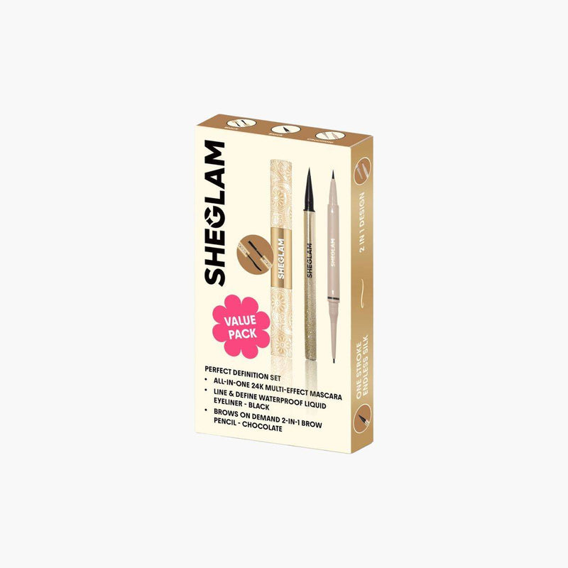 Sheglam Brows On Demand 2In1 Brow Pencil Chocolate + All In One 24K Multi Effect Mascara + Line & Define Liquid Eyeliner Black