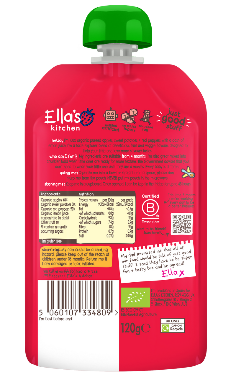 Ellas Kitchen Organic Puree 4+ Months Red Peppers Sweet Potatoes + Apples 120g