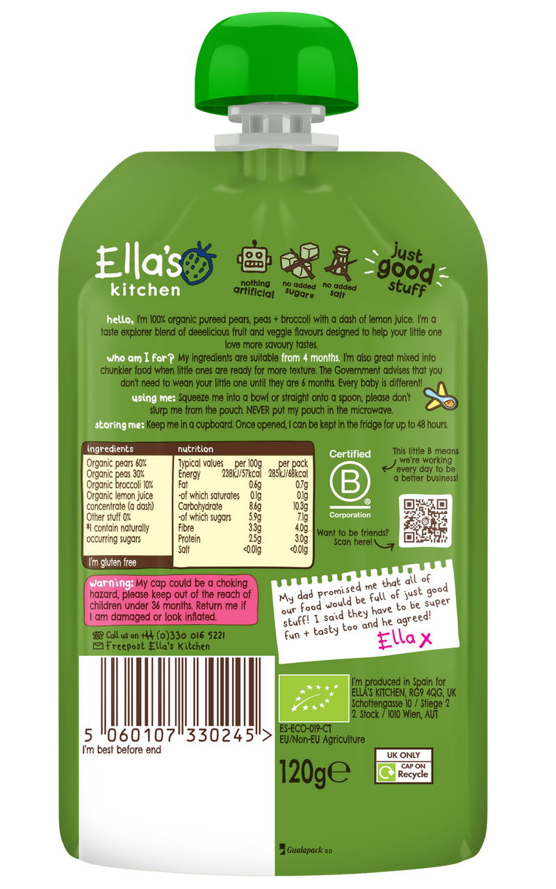 Ellas Kitchen Organic Puree 4+ Months Broccoli Pears + Peas 120g