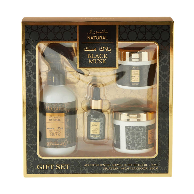 Hamidi Black Musk Air Freshener 300ml + Bakhoor 50g + Muattar 40g + Oil Diffuser 15ml Gift Set