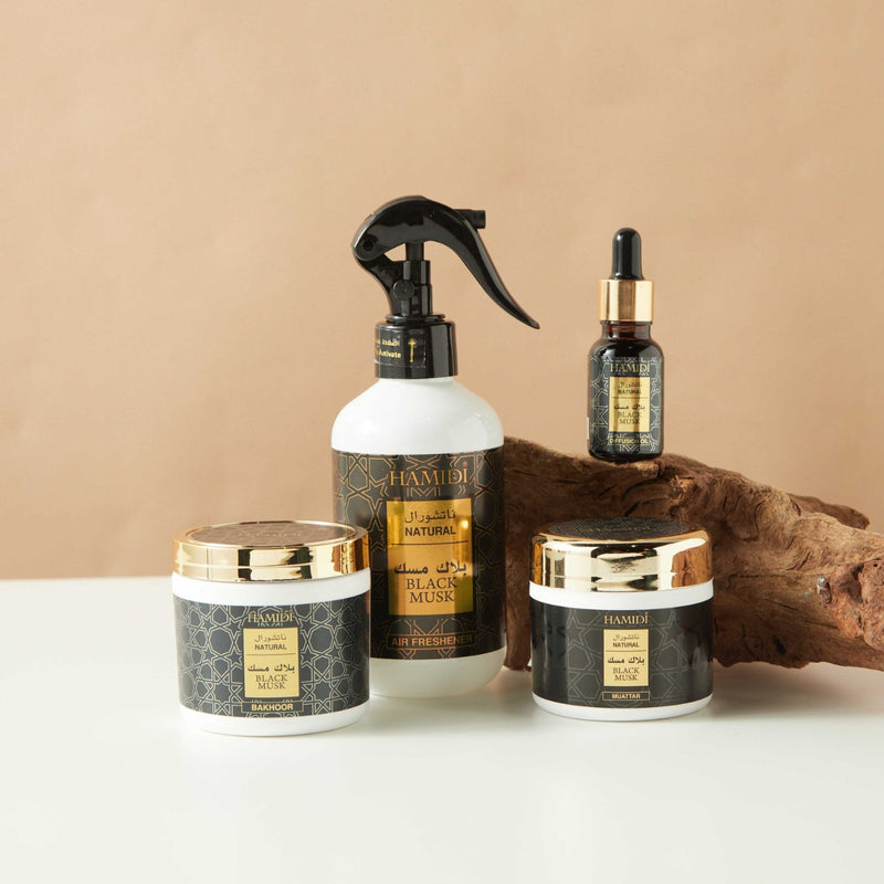 Hamidi Black Musk Air Freshener 300ml + Bakhoor 50g + Muattar 40g + Oil Diffuser 15ml Gift Set