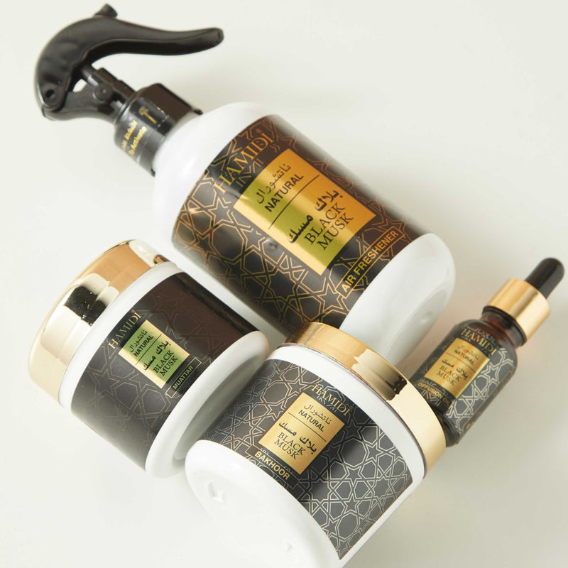 Hamidi Black Musk Air Freshener 300ml + Bakhoor 50g + Muattar 40g + Oil Diffuser 15ml Gift Set