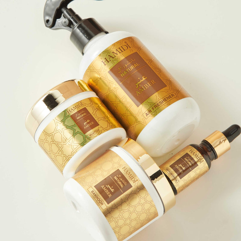 Hamidi Amber Air Freshener 300ml + Bakhoor 50g + Muattar 40g + Oil Diffuser 15ml Gift Set