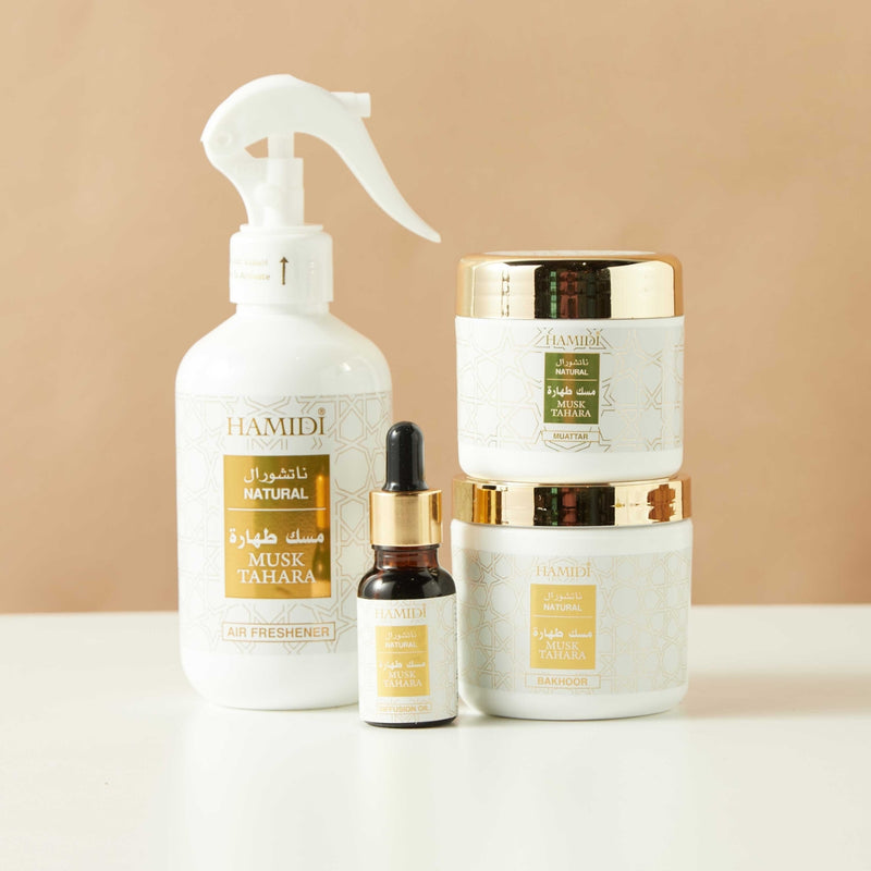 Hamidi Musk Tahara Air Freshener 300ml + Bakhoor 50g + Muattar 40g + Oil Diffuser 15ml Gift Set