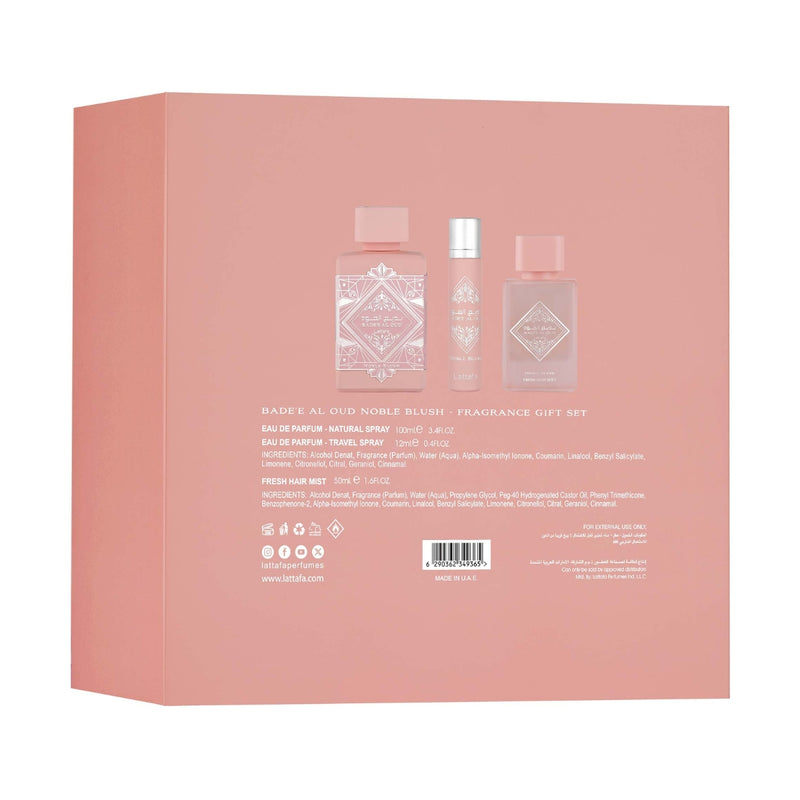 Lattafa Badee Al Oud Noble Blush Perfume Mist (W) 100ml + Perfume Mist 12ml + Hair Mist Gift Set