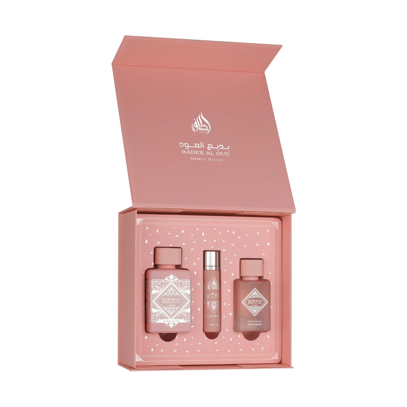 Lattafa Badee Al Oud Noble Blush Perfume Mist (W) 100ml + Perfume Mist 12ml + Hair Mist Gift Set