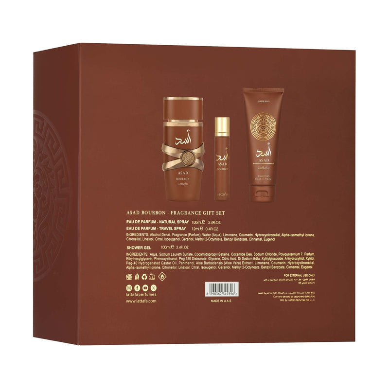 Lattafa Asad Bourbon (U) EDP 100ml + EDP 12ml + Shower Gel Gift Set