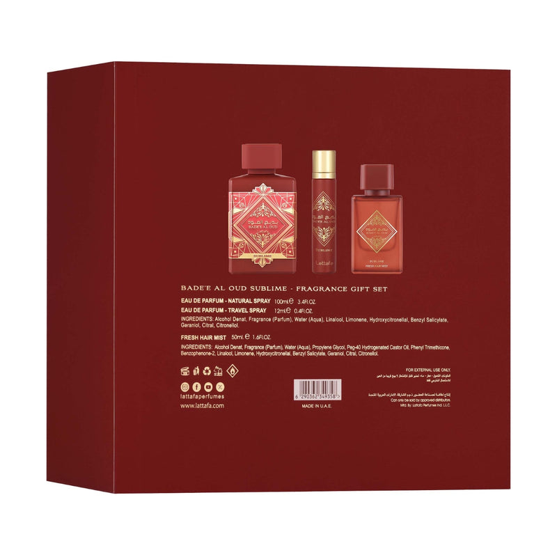 Lattafa Badee Al Oud Sublime All Over Spray (U) 100ml + 12ml + Hair Mist Gift Set