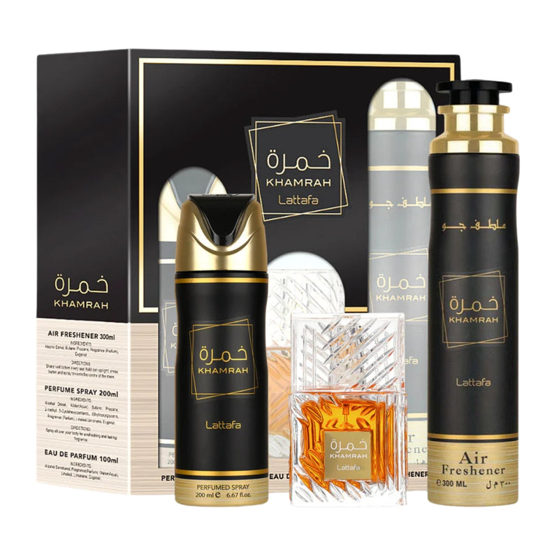 Lattafa Khamrah (U) EDP 100ml + Air Freshener 300ml + Deo 200ml Gift Set