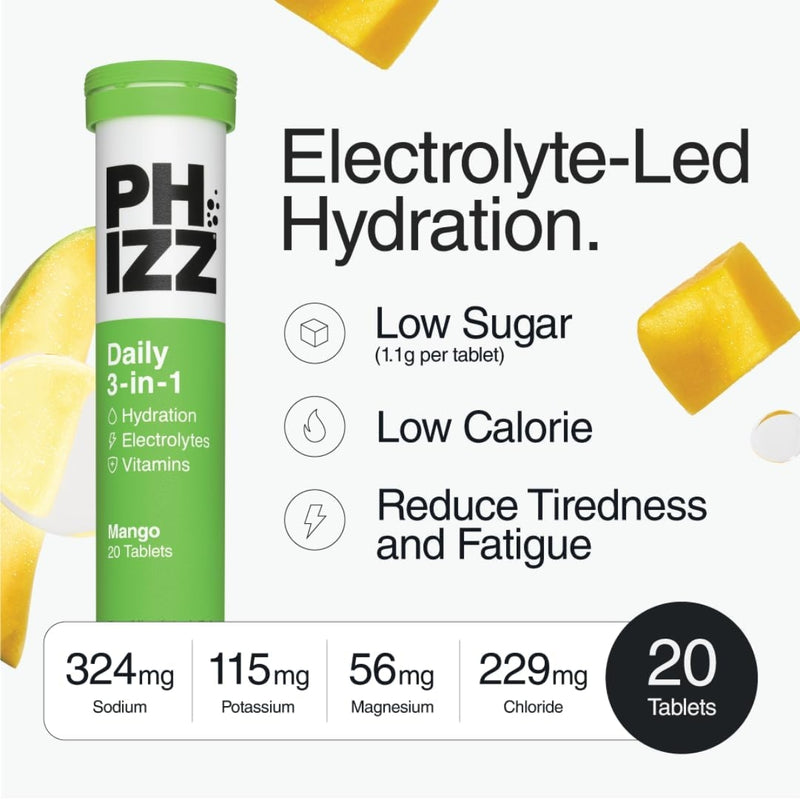 Phizz Daily 3-In-1 Hydration Electrolytes & Vitamins 20 Effervescent Tablets Mango