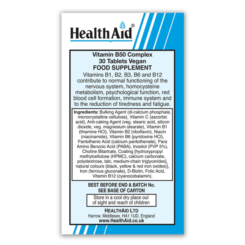 HealthAid Vitamin B50 Complex 30 Vegetarian Tablets