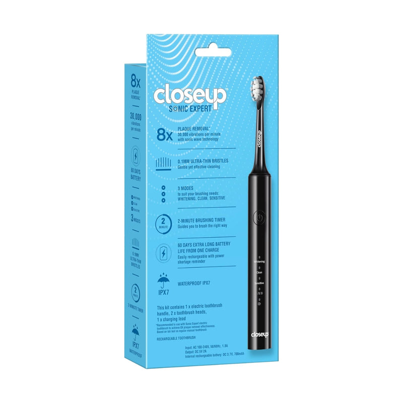 Closeup Sonic Expert Electric Toothbrush Rechargeable Plaque Removal Black