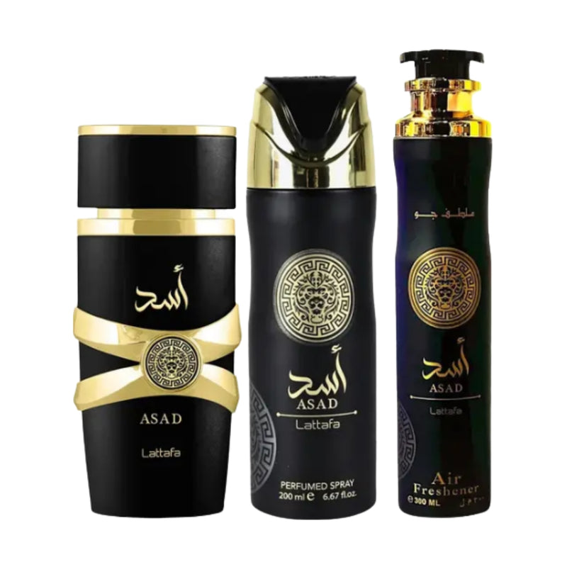 Lattafa Asad Eau de Parfum 100ml + Perfumed Spray 200ml + Air Freshener 300ml Gift Set
