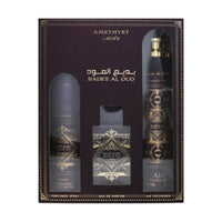 Lattafa Bade'e Al Oud Amethyst Eau de Parfum 100ml + Perfumed Spray 200ml + Air Freshener 300ml Gift Set