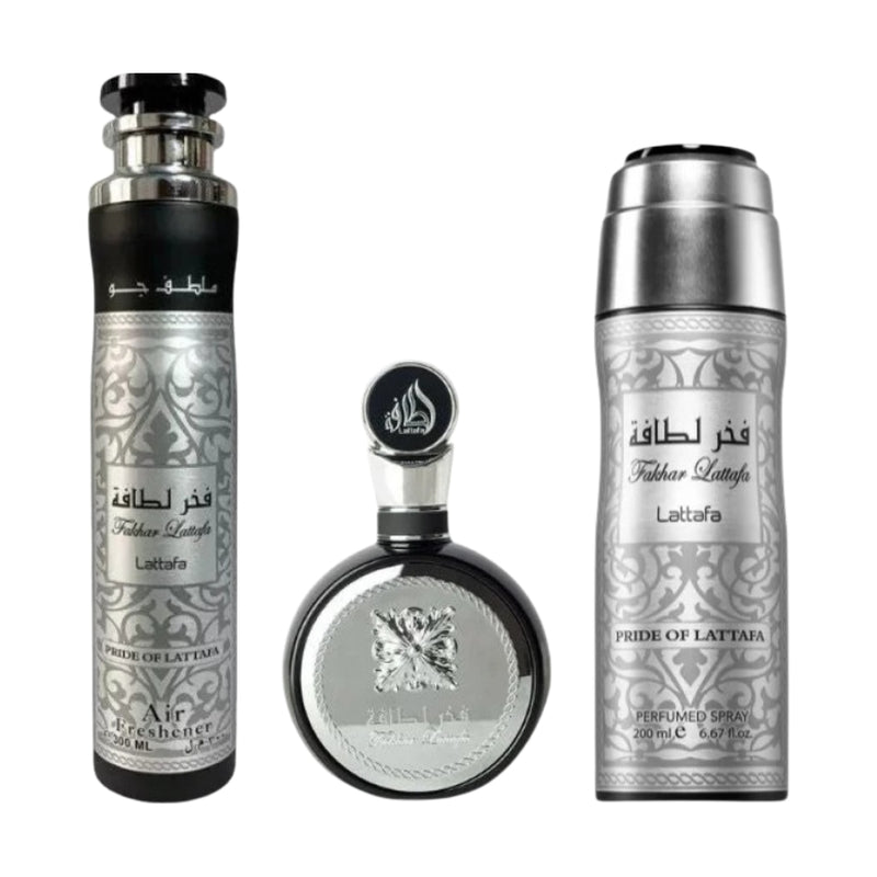 Lattafa Fakhar Eau de Parfum 100ml + Perfumed Spray 200ml + Air Freshener 300ml Gift Set