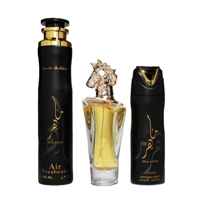 Lattafa Maahir Gold Eau de Parfum 100ml + Perfumed Spray 200ml + Air Freshener 300ml Gift Set