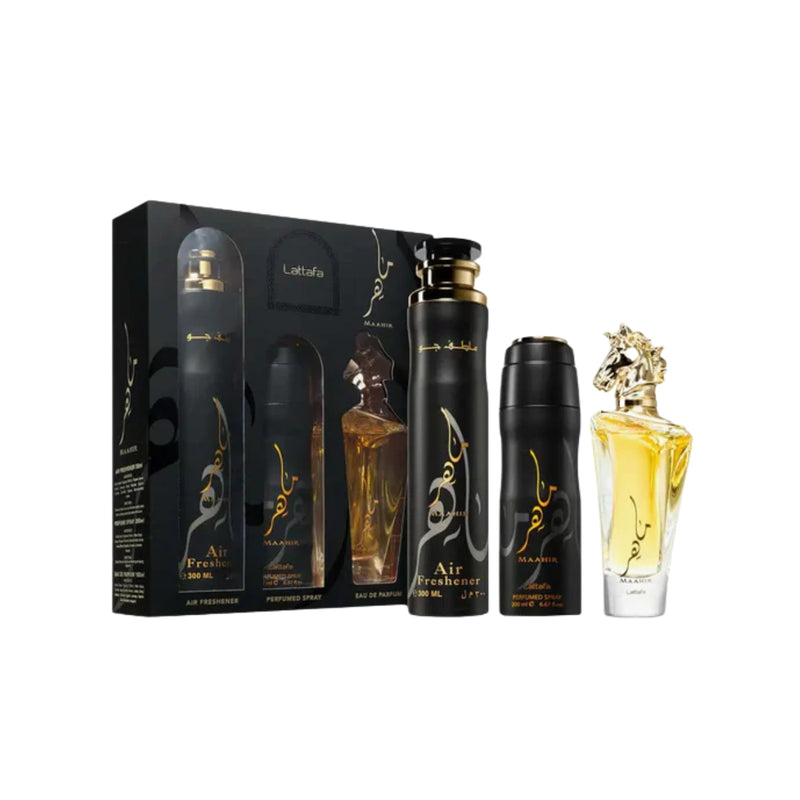 Lattafa Maahir Gold Eau de Parfum 100ml + Perfumed Spray 200ml + Air Freshener 300ml Gift Set