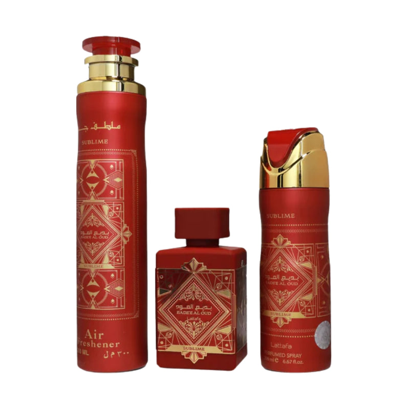 Lattafa Bade'e Al Oud Sublime Eau de Parfum 100ml + Perfumed Spray 200ml + Air Freshener 300ml Gift Set