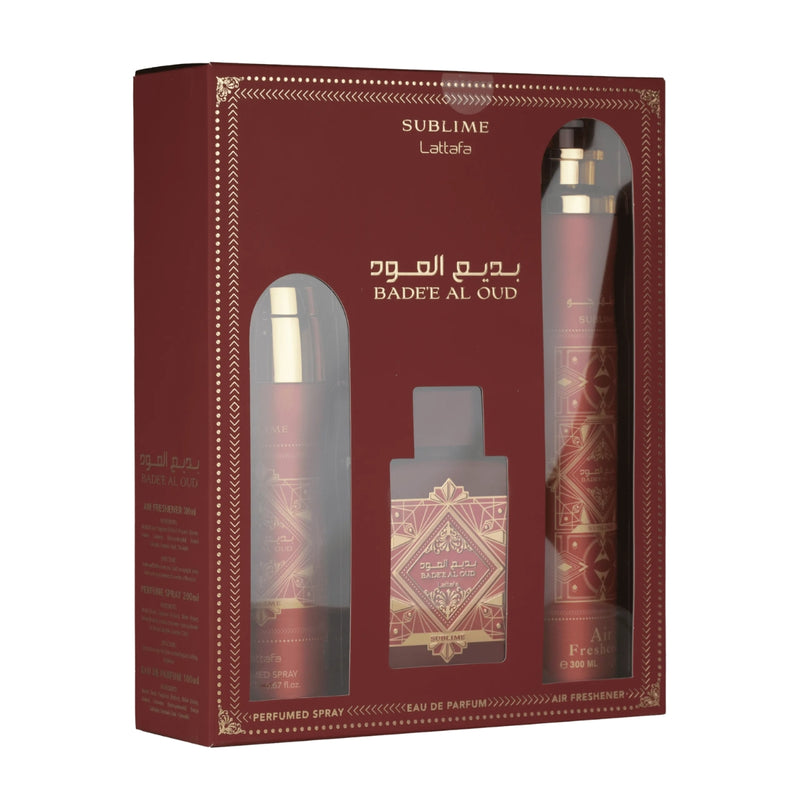 Lattafa Bade'e Al Oud Sublime Eau de Parfum 100ml + Perfumed Spray 200ml + Air Freshener 300ml Gift Set