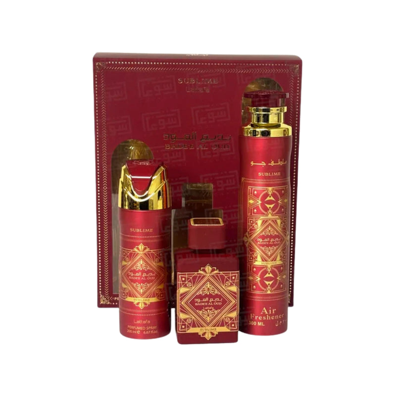 Lattafa Bade'e Al Oud Sublime Eau de Parfum 100ml + Perfumed Spray 200ml + Air Freshener 300ml Gift Set
