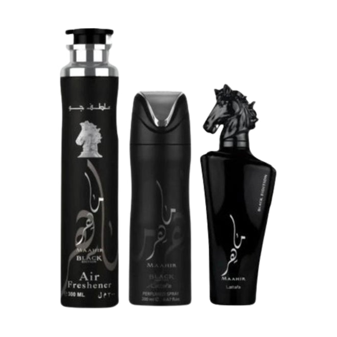 Lattafa Maahir Black Edition Eau de Parfum 100ml + Body Spray 200ml + Air Freshener 300ml Gift Set