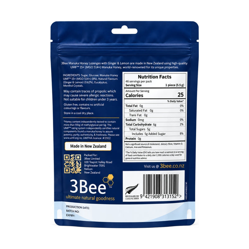 3Bee Manuka Honey UMF15+ Lozenges Ginger & Lemon 250g