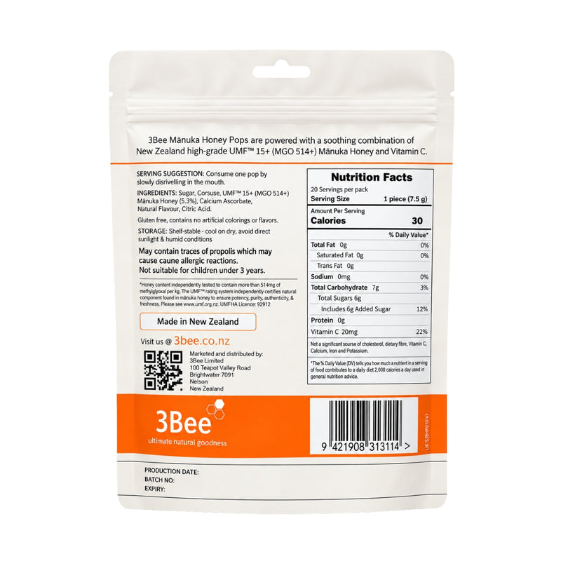 3Bee Manuka Honey UMF15+ Soothing Pops Orange 150g
