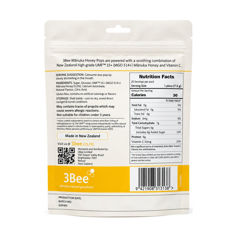 3Bee Manuka Honey UMF15+ Soothing Pops Lemon 150g
