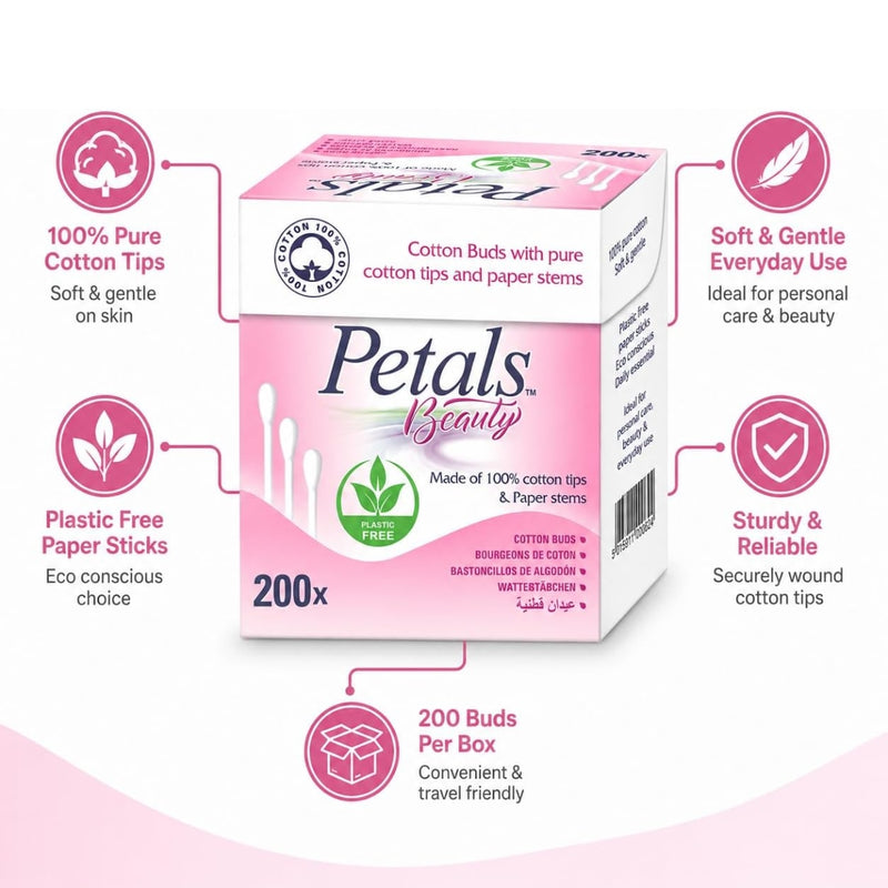 Petals Beauty Paper Stems Cotton Buds 200 Pieces Value Pack of 3